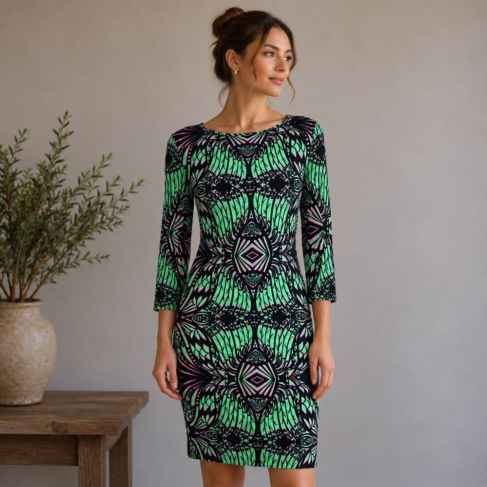 Amanda Uprichard Black Green & Pink Print Knit Sheath Dress Small